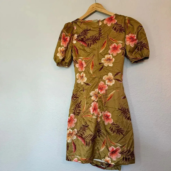 LPA Womens Mini Dress Size XS Brown Floral Short Sleeves V-Neck Revolve Chic - Picture 7 of 11